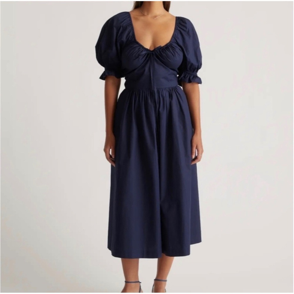 NWT Quince Navy Blue Organic Cotton Puff Sleeve Smocked Midi Milkmaid Dress XS